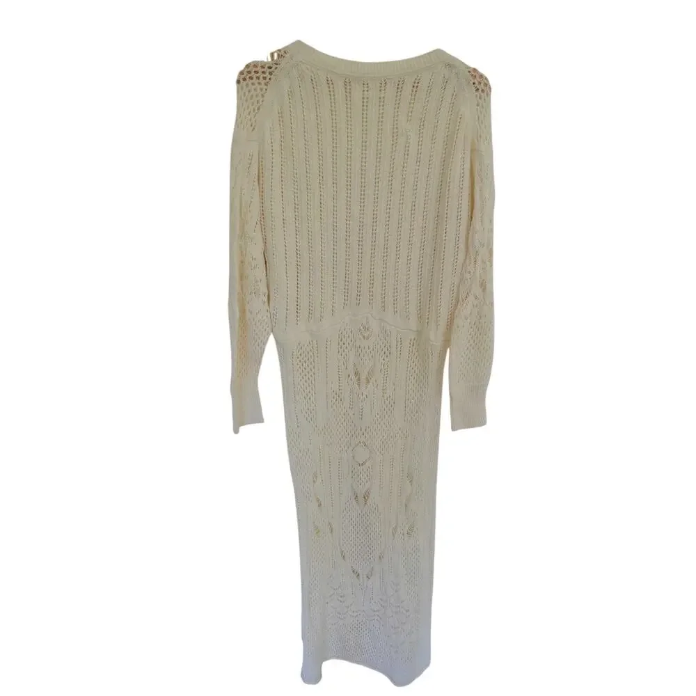 Anthropologie Open-Stitch Side-Slit Tunic Sweater Dress Duster Ivory M - Picture 10 of 11